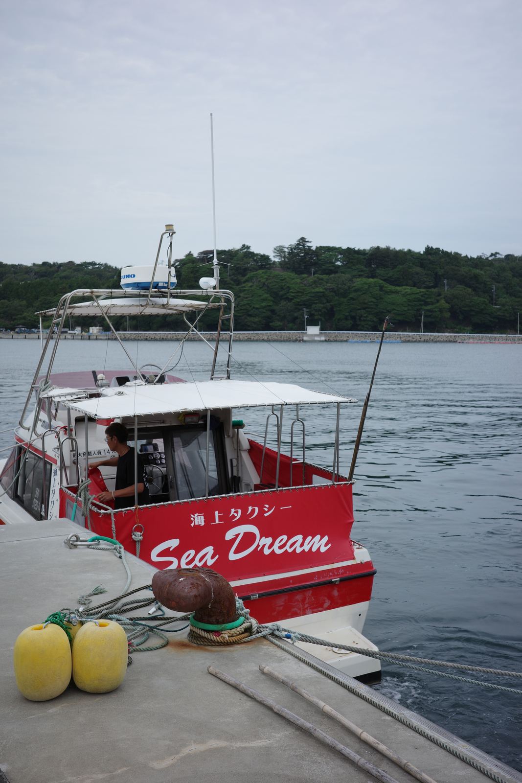 岸壁に係留された赤い船。船体に「海上タクシー Sea Dream」と書かれ、操舵室の上に2階部分がある