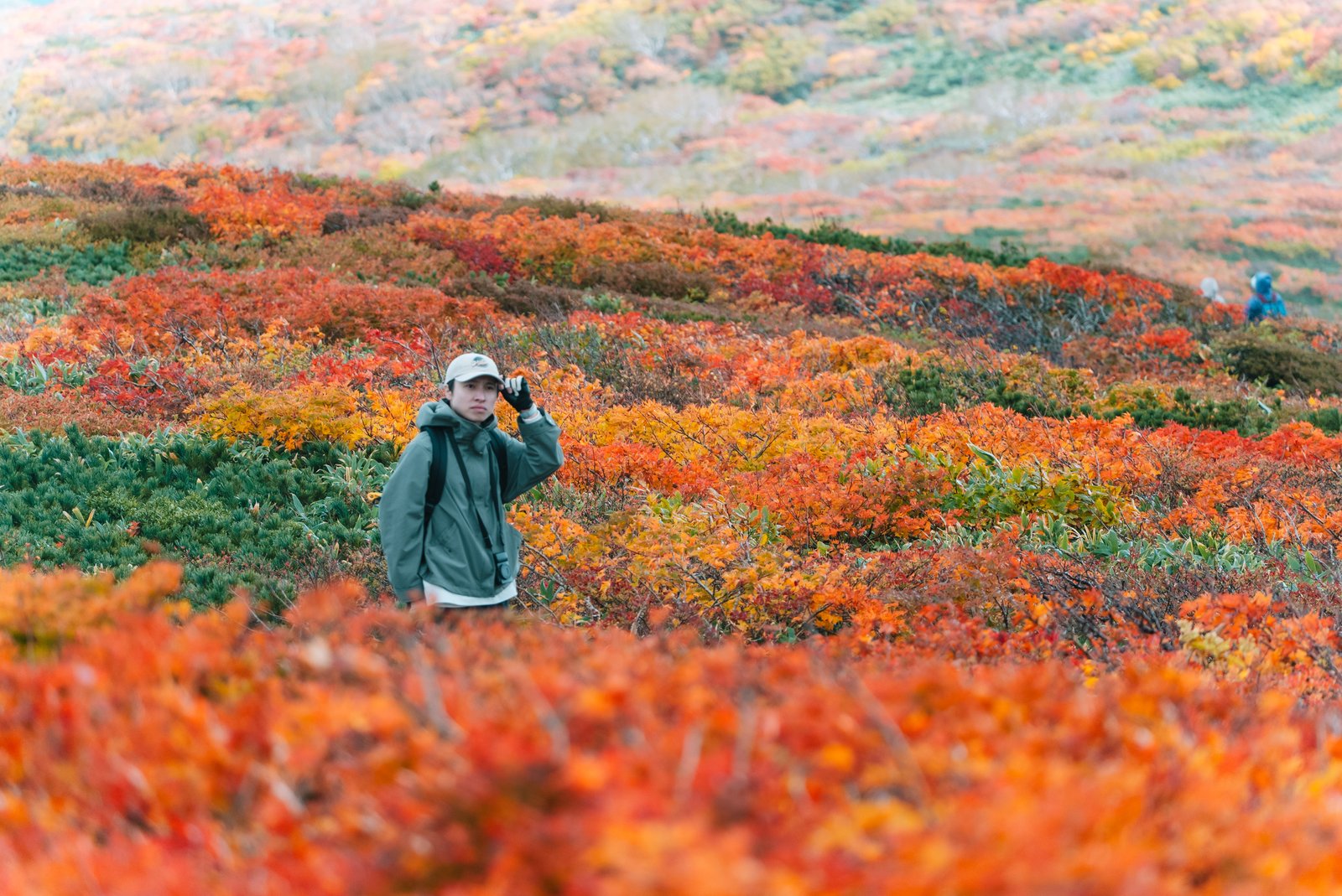 赤と橙の紅葉の中でカメラを構えるTANAYAN。奥には紅葉の斜面が広がっている