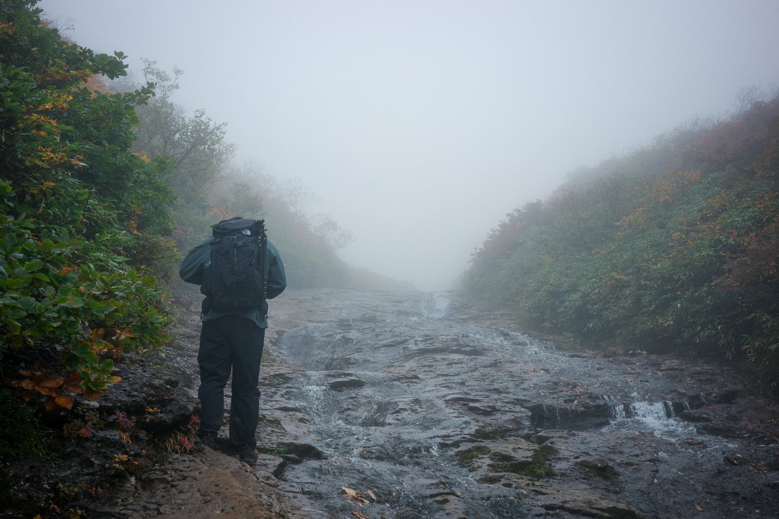 濃い霧の中、水の流れる岩場を歩く雨具姿の登山者