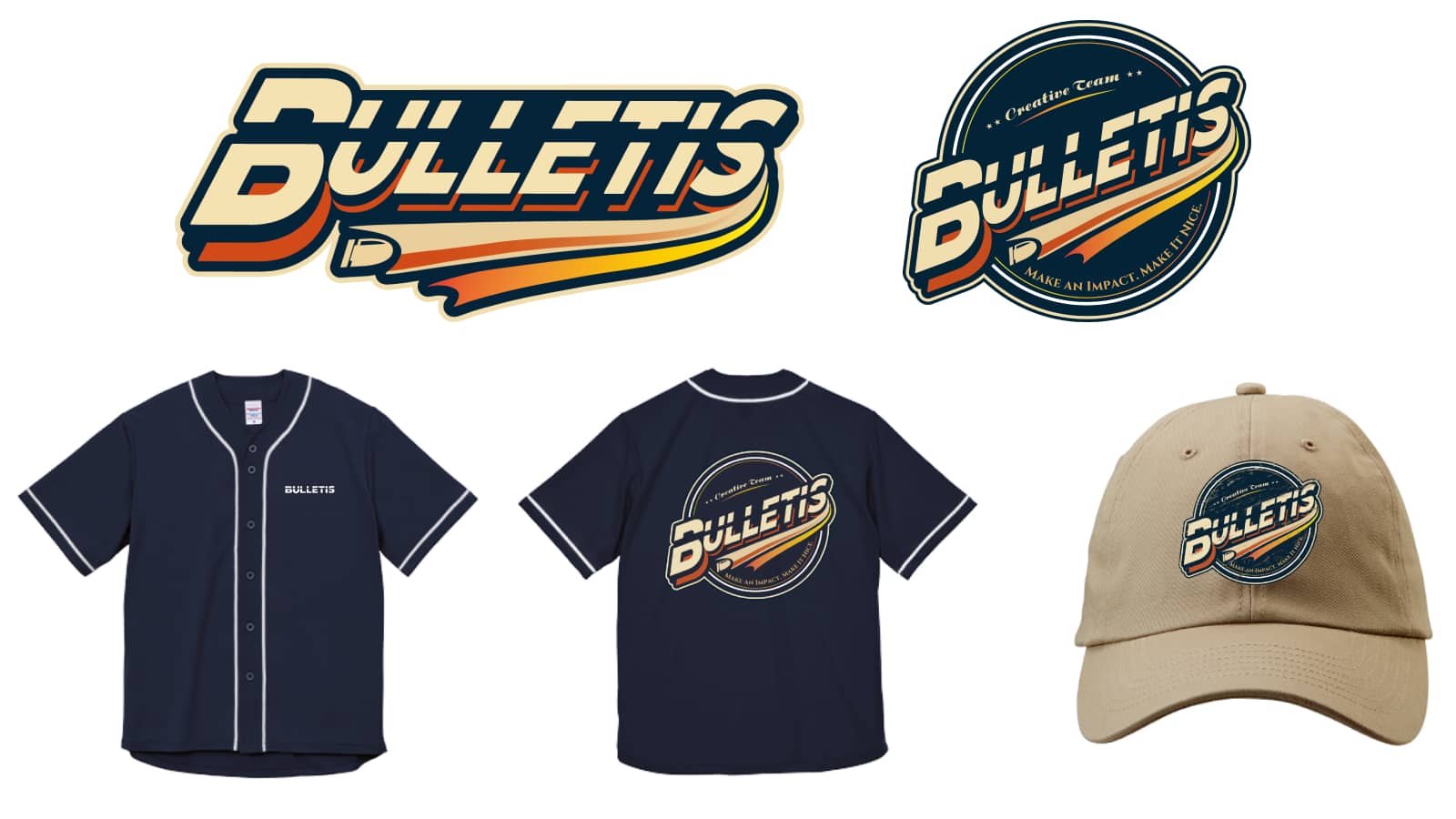 BULLETISのサブロゴ（横長・円形）と、ネイビーのベースボールシャツの前面・背面、ライトベージュのキャップを並べた図