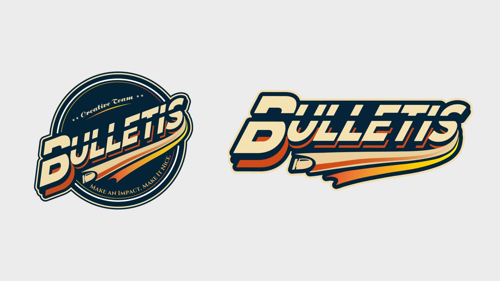 BULLETISのサブロゴ。左が円形版で、外周に Creative Team と MAKE AN IMPACT. MAKE IT NICE. の文字。右が横長版
